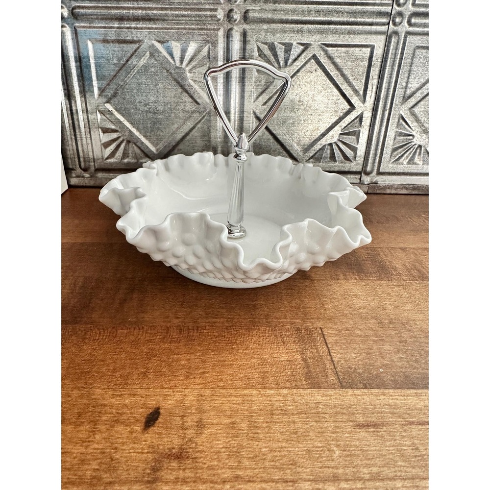 Vintage Fenton white milk glass ruffled edge hobnail silver handled‎ candy dish
